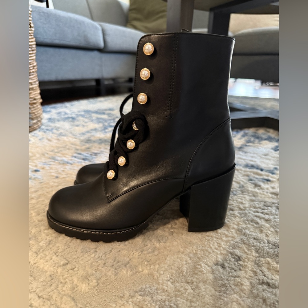 Stuart Weitzman Black Lace-Up Boots with Pearl Details 7